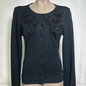 Billabong Designers Closet Beaded Floral Sequin Cardigan Sweater Women's LARGE